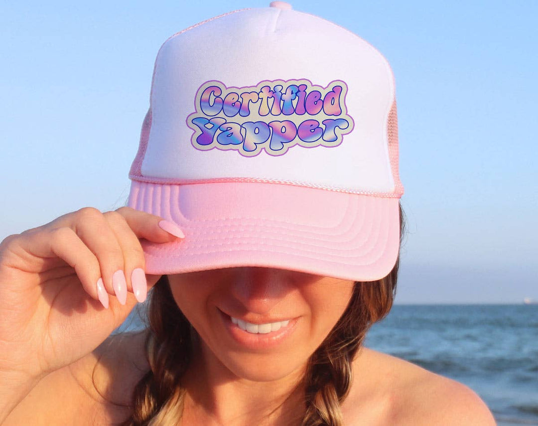 "Certified Yapper" design on a mesh-back snapback trucker hat