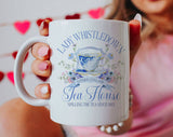 "Lady Whistledown Tea House" design on a white ceramic coffee mug