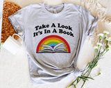 "Take A Look, It's In A Book" design on a heather gray unisex t-shirt