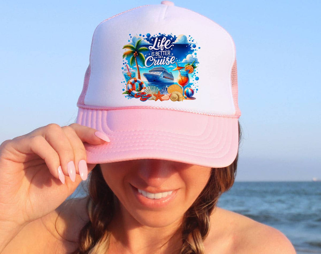 "Life Is Better On A Cruise" design on a mesh-back snapback trucker hat