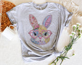 "Easter Bunny Heart Glasses Patchwork" design on a heather gray unisex t-shirt