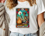 "The Happy Camper Tarot" design on a white unisex t-shirt