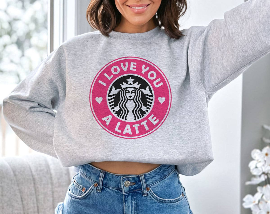 "I Love You A Latte Coffee Pink Logo" design on an ash gray unisex crewneck sweatshirt