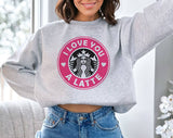 "I Love You A Latte Coffee Pink Logo" design on an ash gray unisex crewneck sweatshirt