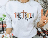 "The Truth The Life" design on an ash gray unisex crewneck sweatshirt