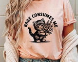 "Rage Consumes Me Black Kitten" design on a peach unisex t-shirt