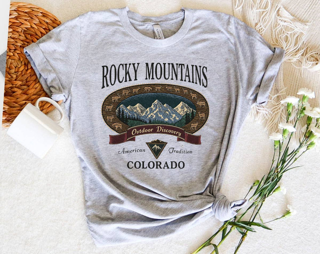 "Rocky Mountains Hiking" design on a heather gray unisex t-shirt