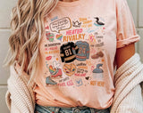 "Heated Rivalry Collage" design on a peach unisex t-shirt