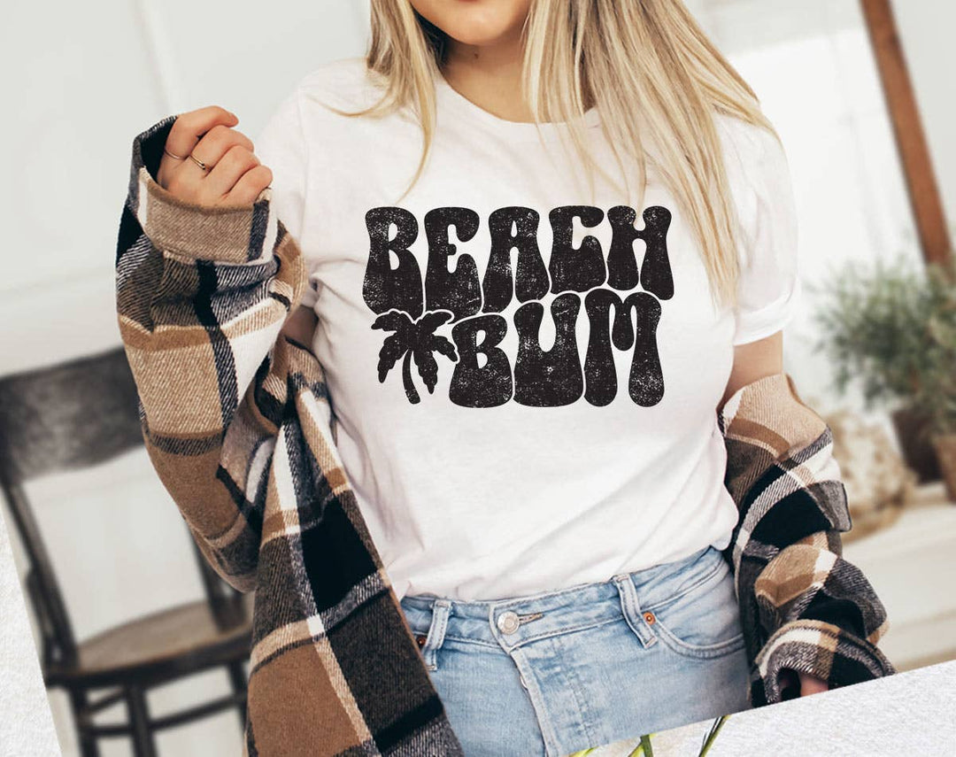 "Beach Bum" design on a white unisex t-shirt