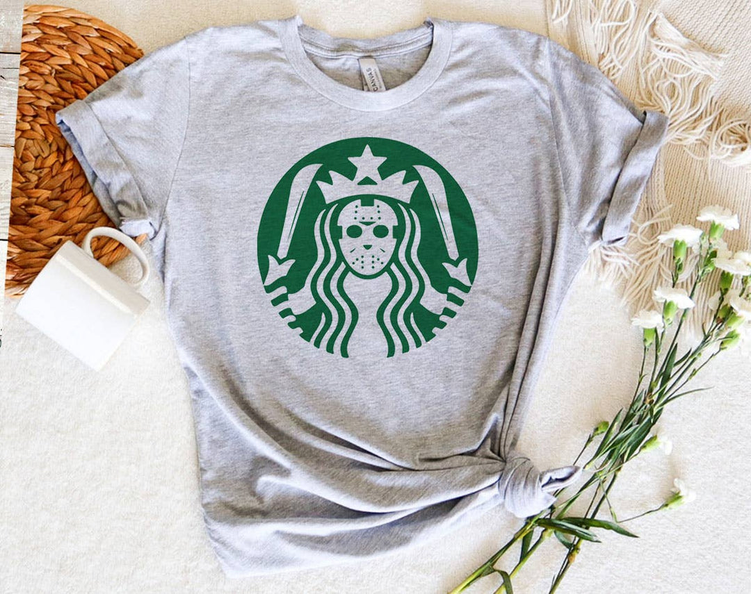 "Jason Bucks Coffee" design on a heather gray unisex t-shirt