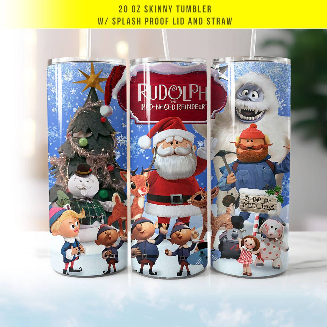 "Rudolph and Santa" design on a 20 oz skinny tumbler with lid and straw