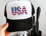 "USA Faux Patchwork American Flag" design on a mesh-back snapback trucker hat