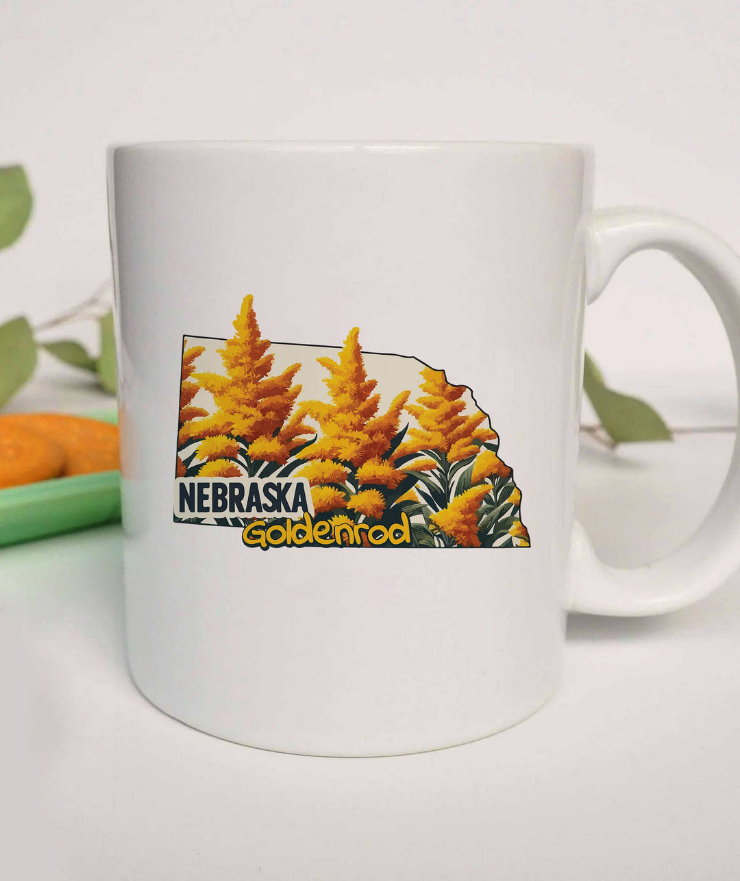"Nebraska State Flower Goldenrod" design on a white ceramic coffee mug