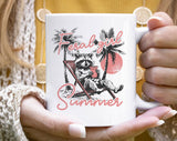 "Feral Girl Summer" design on a white ceramic coffee mug