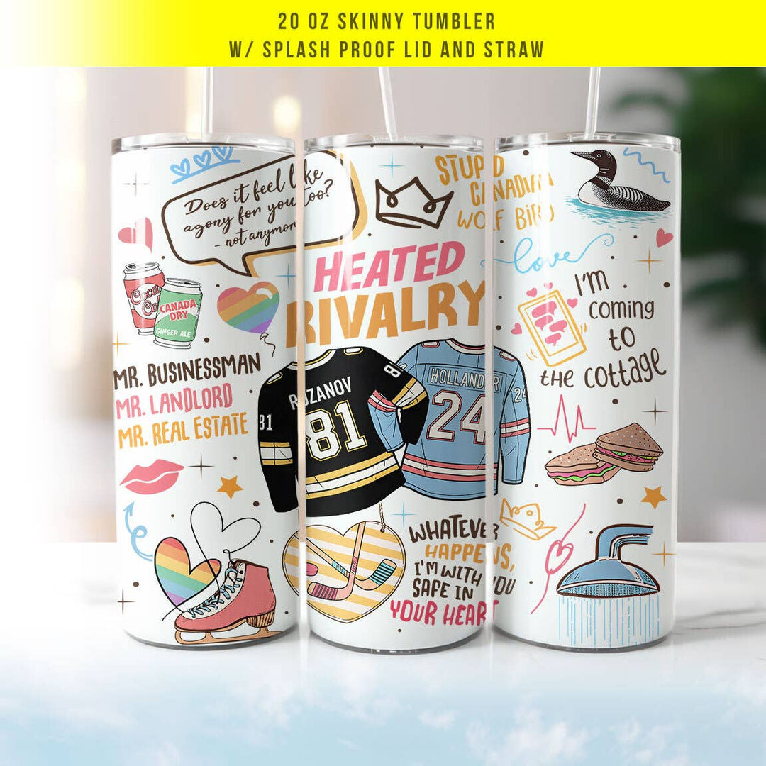 "Heated Rivalry Collage" design on a 20 oz skinny tumbler with lid and straw