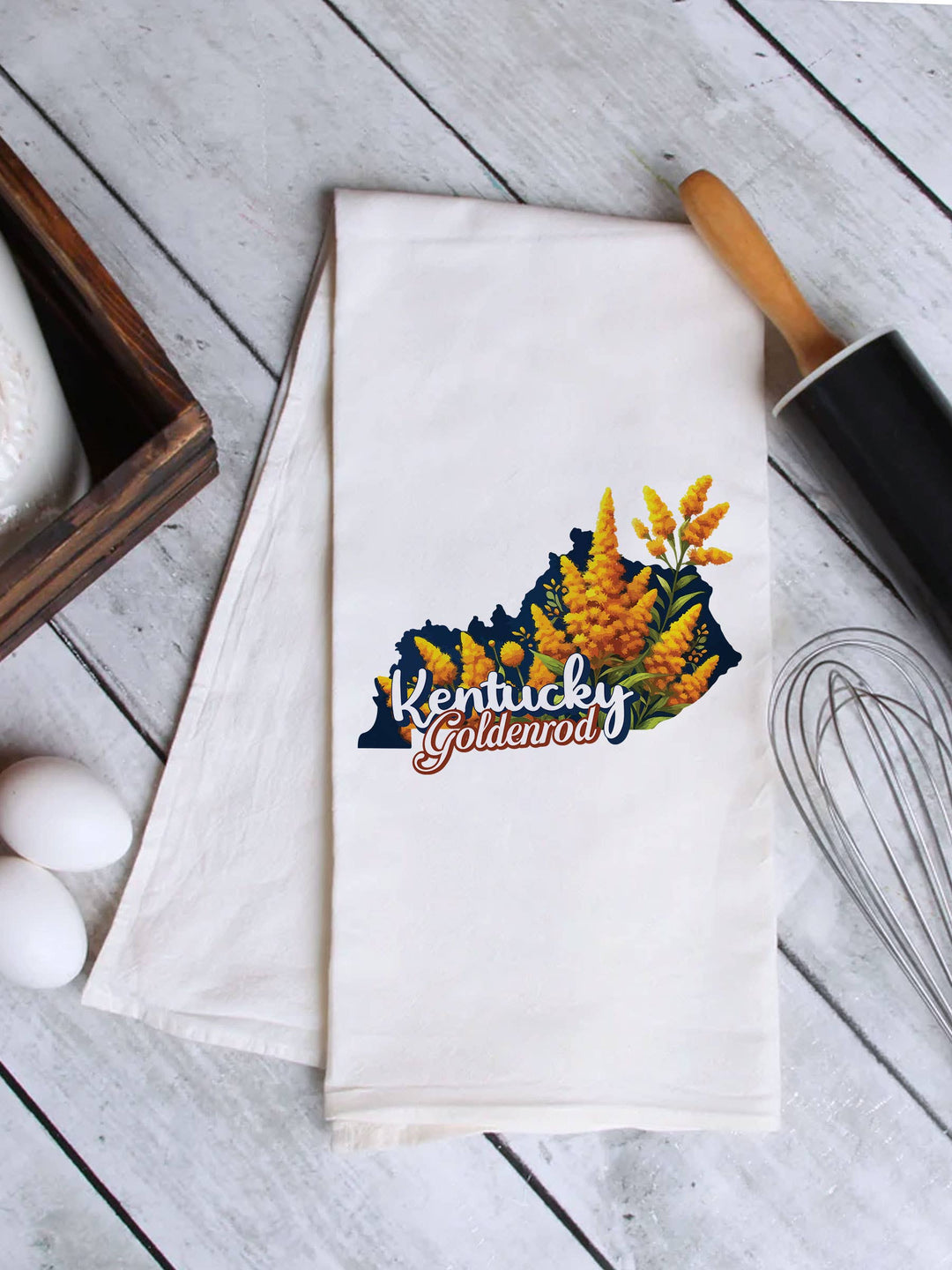 "Kentucky State Flower Goldenrod" design on a white 28 x 28 inch flour sack tea towel