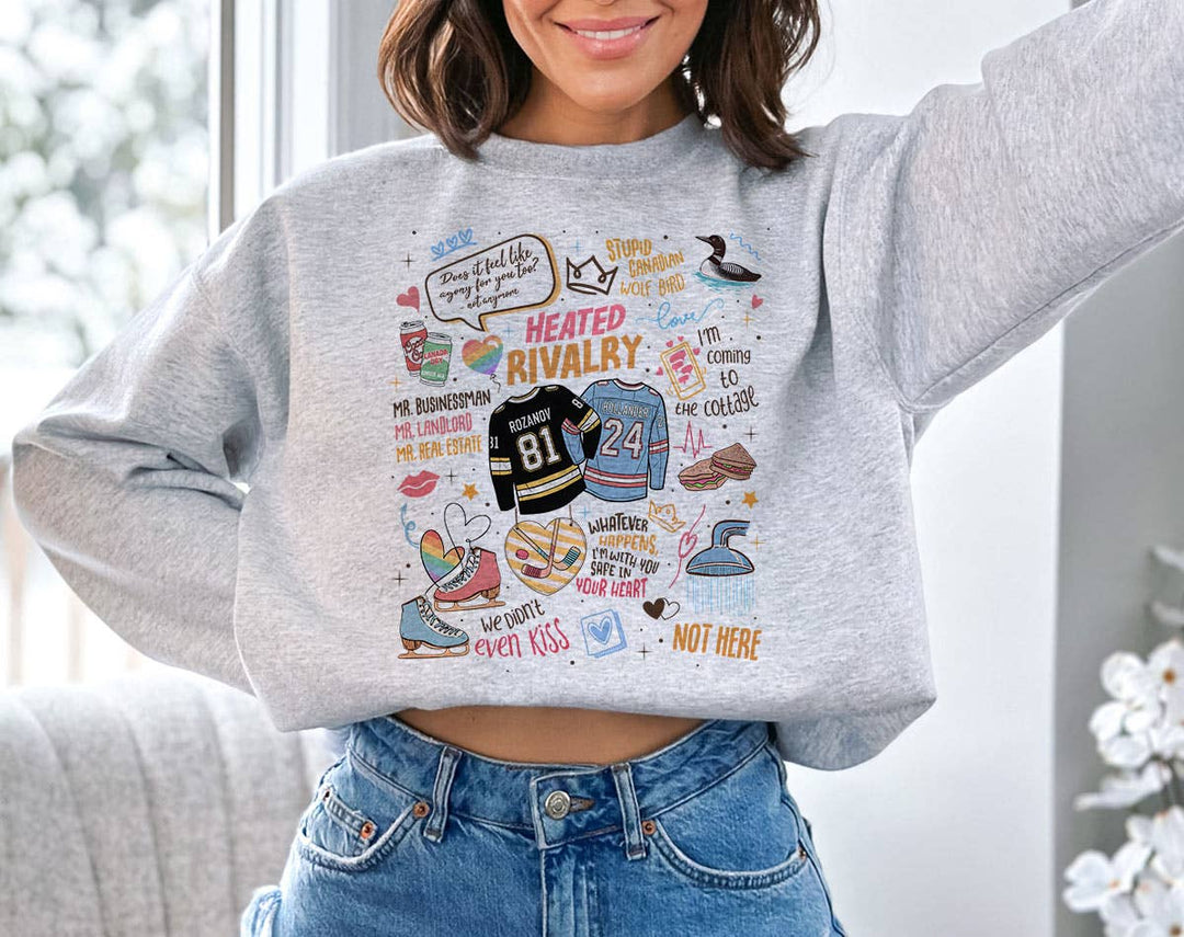 "Heated Rivalry Inspired Collage" design on an ash gray unisex crewneck sweatshirt