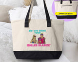 "Did You Bring Your Roller Blades" design on a natural canvas zippered tote bag