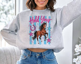 "Hold Your Horses Funny Animal" design on an ash gray unisex crewneck sweatshirt