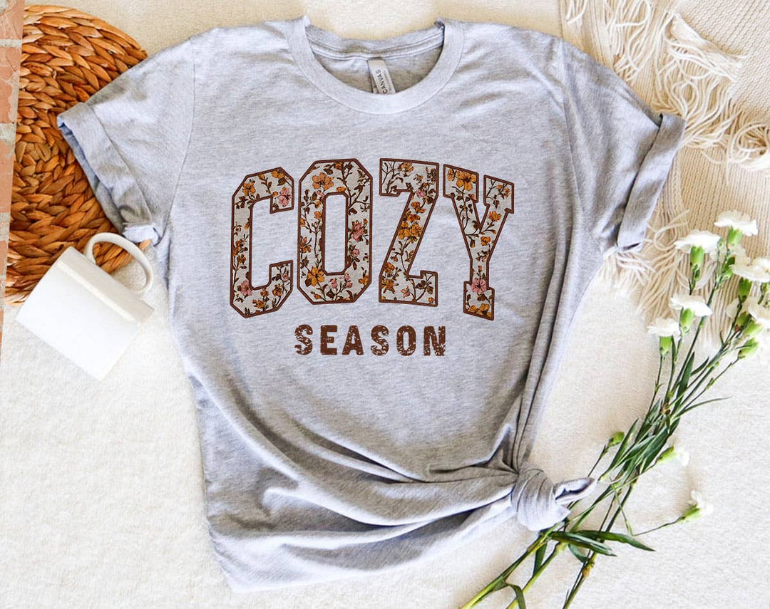 "Cozy Season Fall Leaves" design on a heather gray unisex t-shirt
