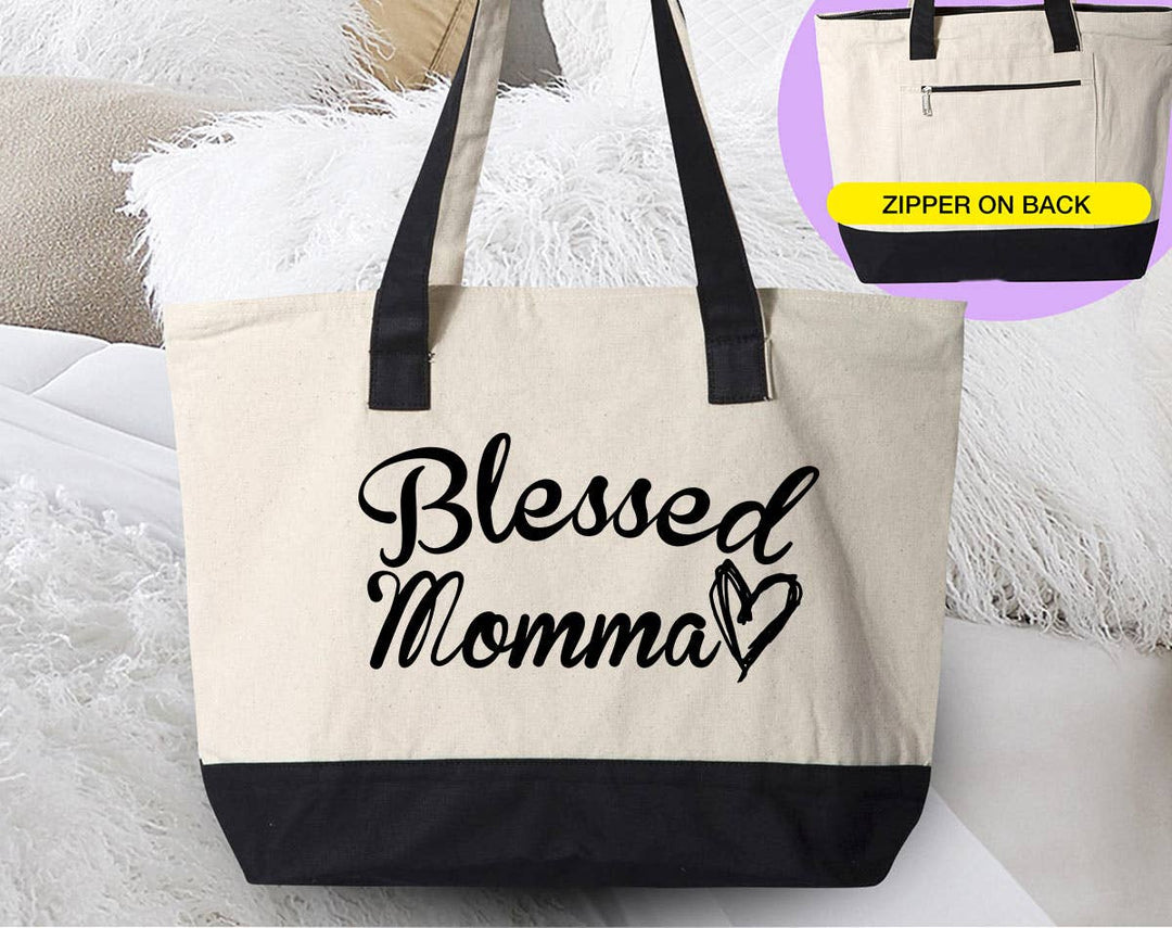 "Blessed Momma" design on a natural canvas zippered tote bag