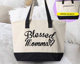 "Blessed Momma" design on a natural canvas zippered tote bag