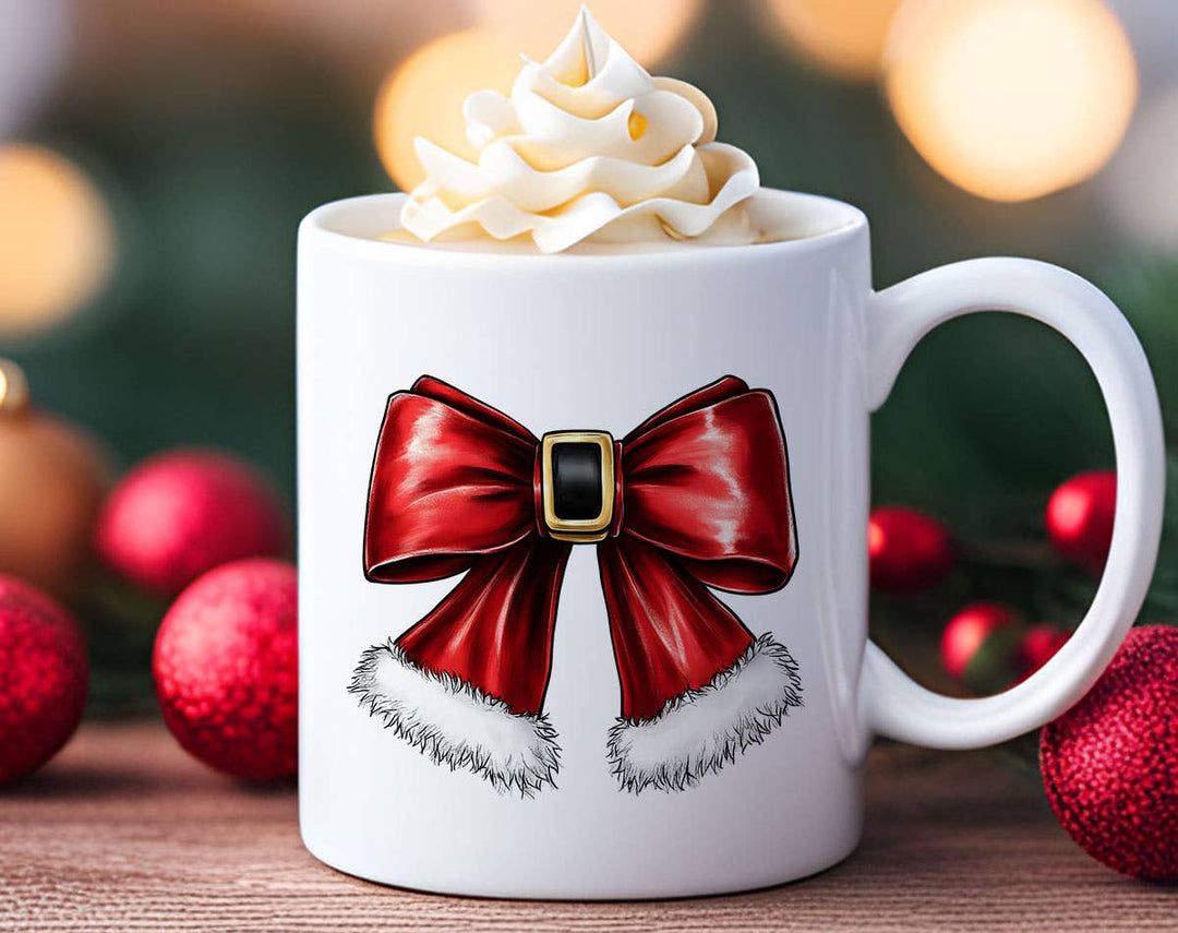 "Christmas Coquette Bow" Christmas design on a white coffee mug