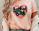 "Bookish B*tch" design on a peach unisex t-shirt