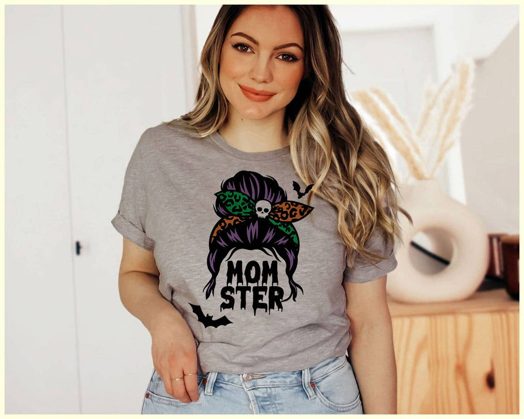 "Mom-ster Leopard Bun" design on a heather gray unisex t-shirt