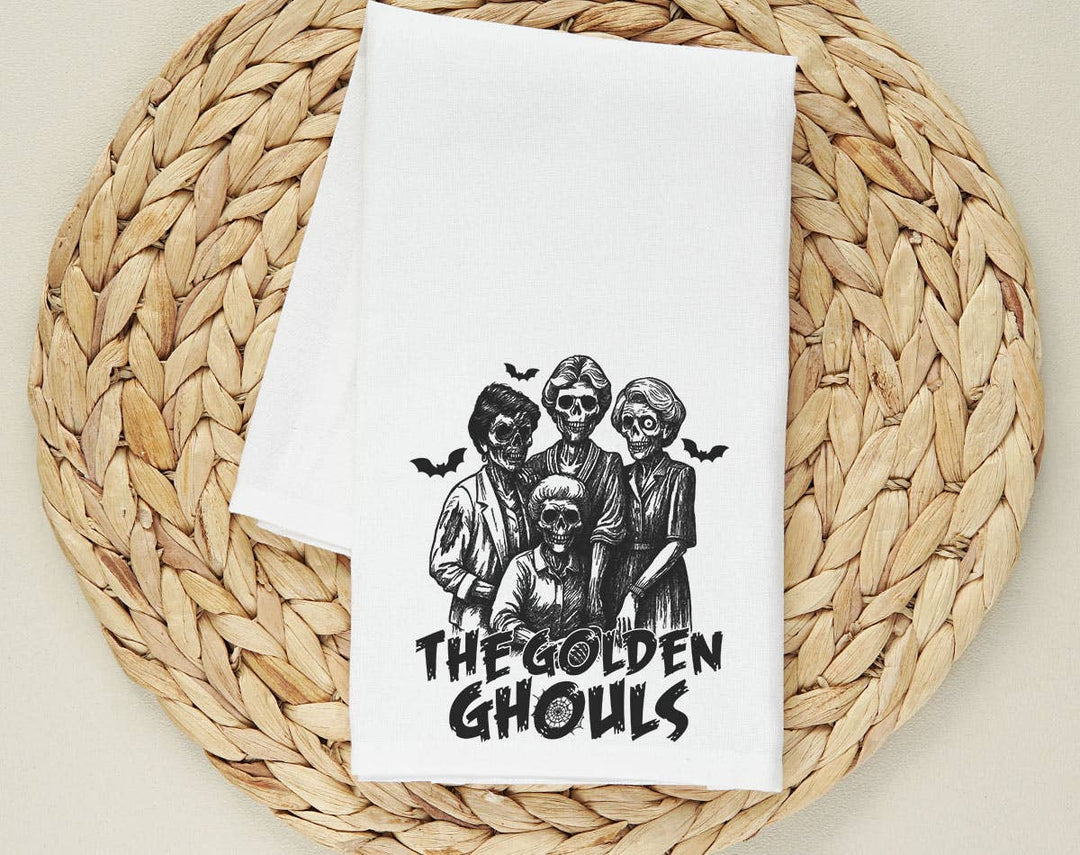 "The Golden Girl Ghouls" design on a white 28 x 28 inch flour sack tea towel