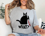 "Cat Knife What" design on a unisex t-shirt