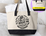 "Some Days I Rock It Motherhood" design on a natural canvas zippered tote bag