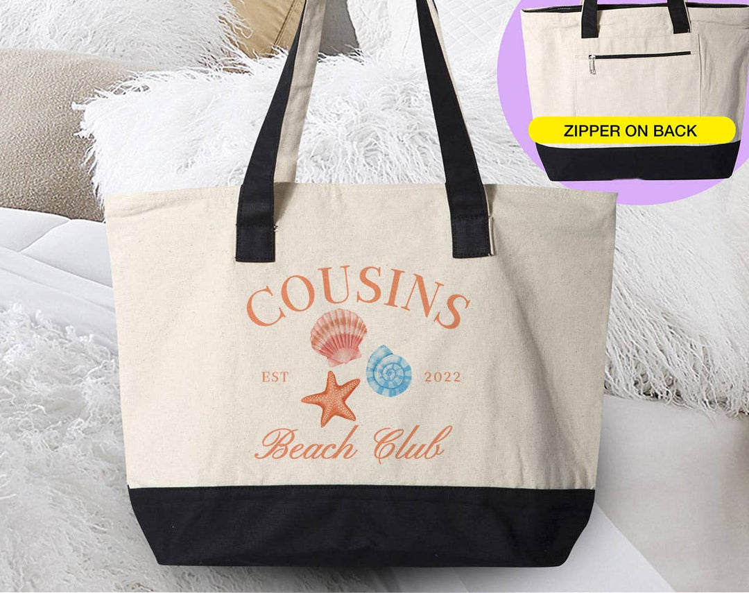 "Cousins Beach Club" design on a natural canvas zippered tote bag