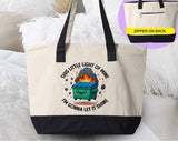 "This Little Light Of Mine" design on a natural canvas zippered tote bag