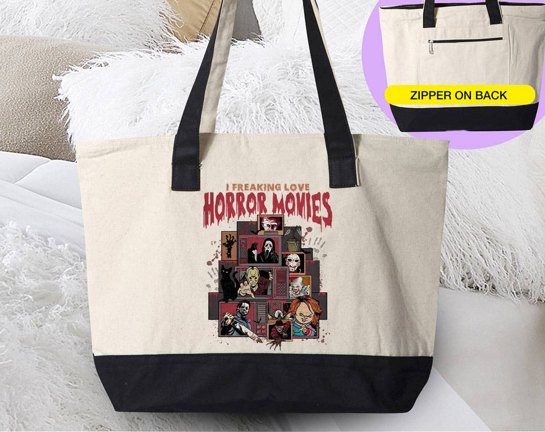 "I Love Horror Movies" design on a natural canvas zippered tote bag