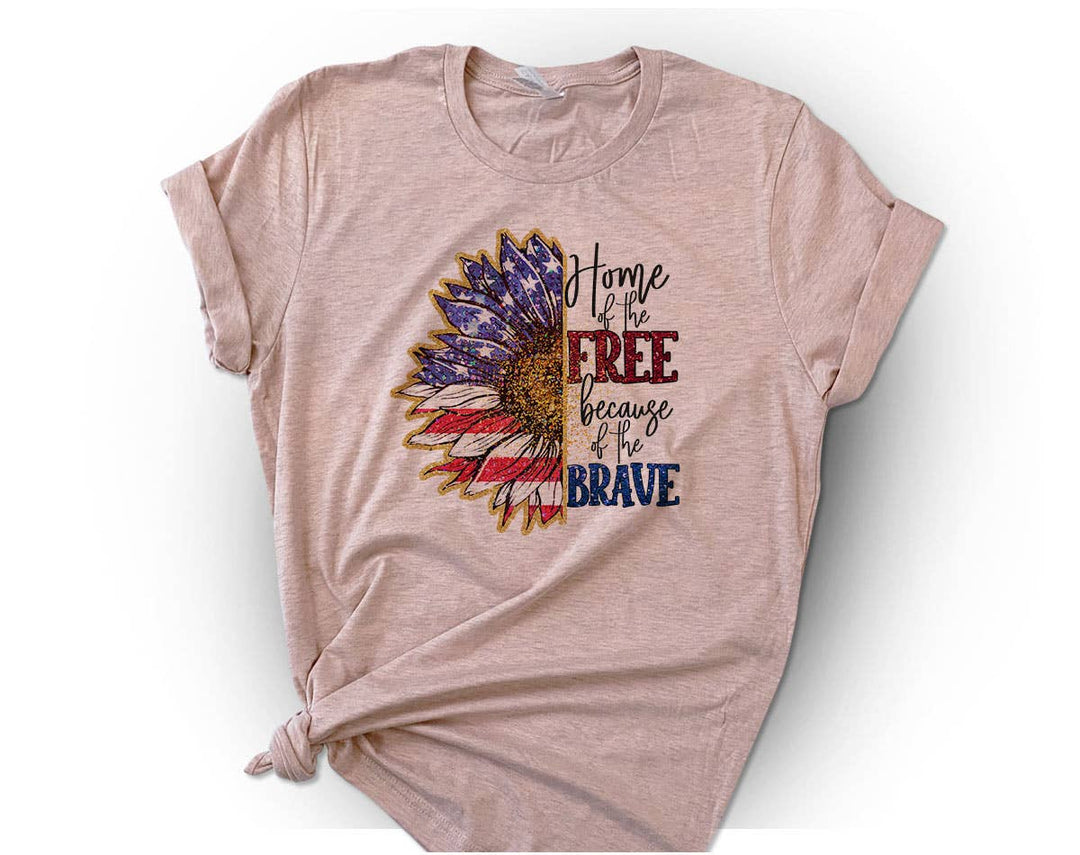 "Home Of The Free Sunflower" design on a peach unisex t-shirt