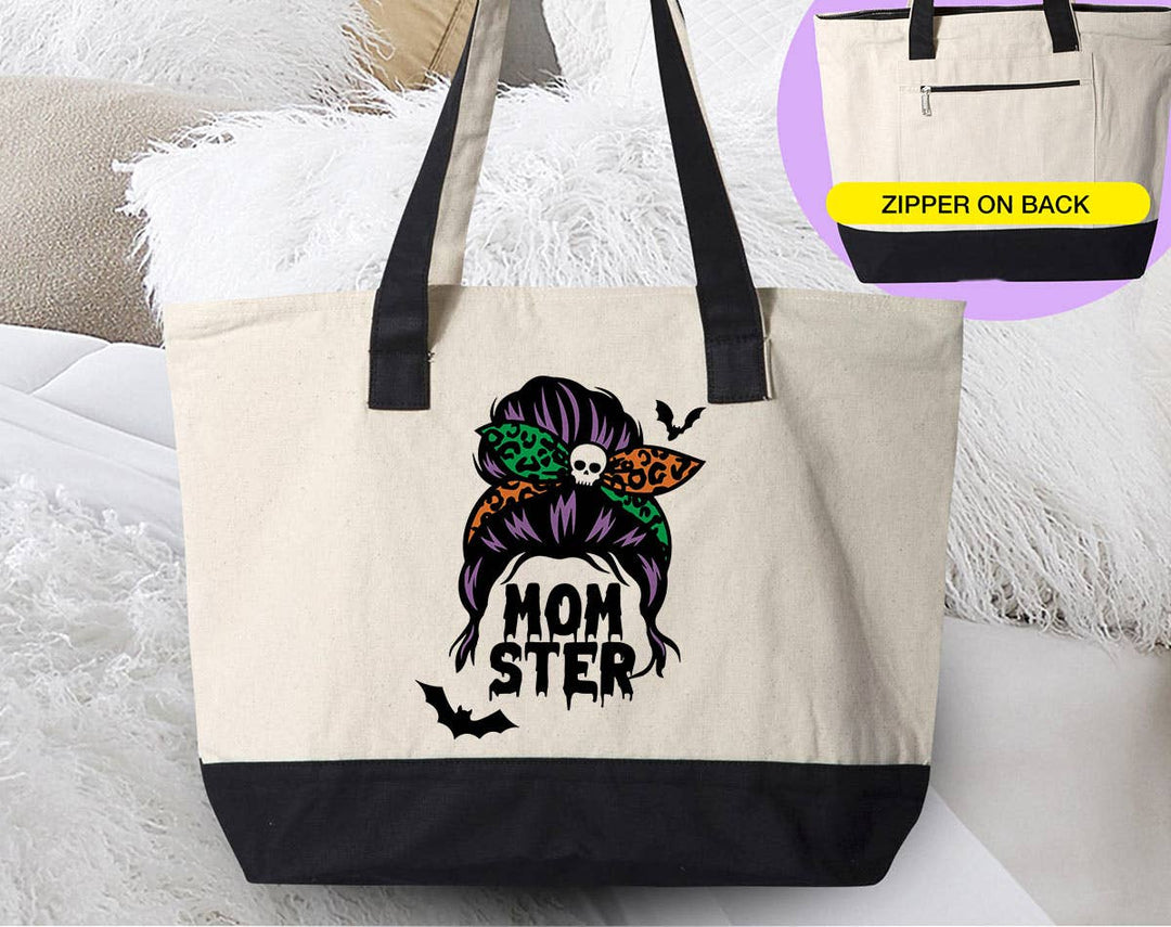 "Momster" design on a natural canvas zippered tote bag