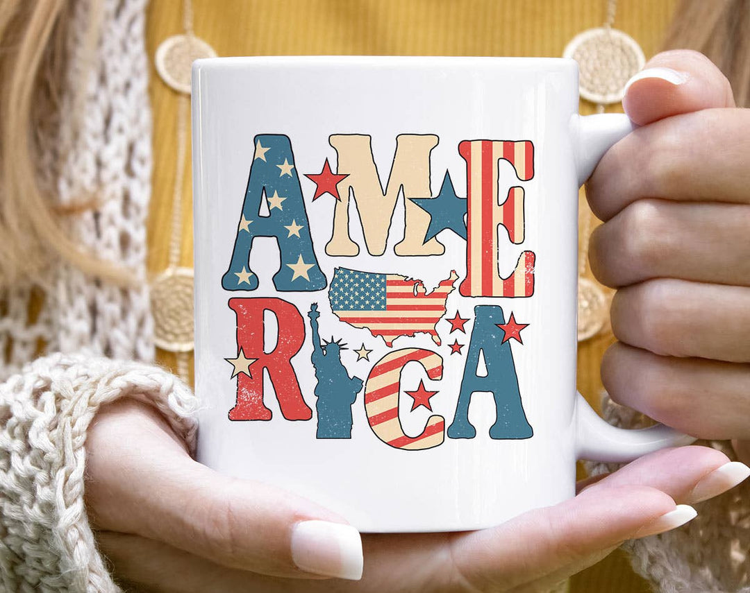 "America Statue Of Liberty" design on a white ceramic coffee mug