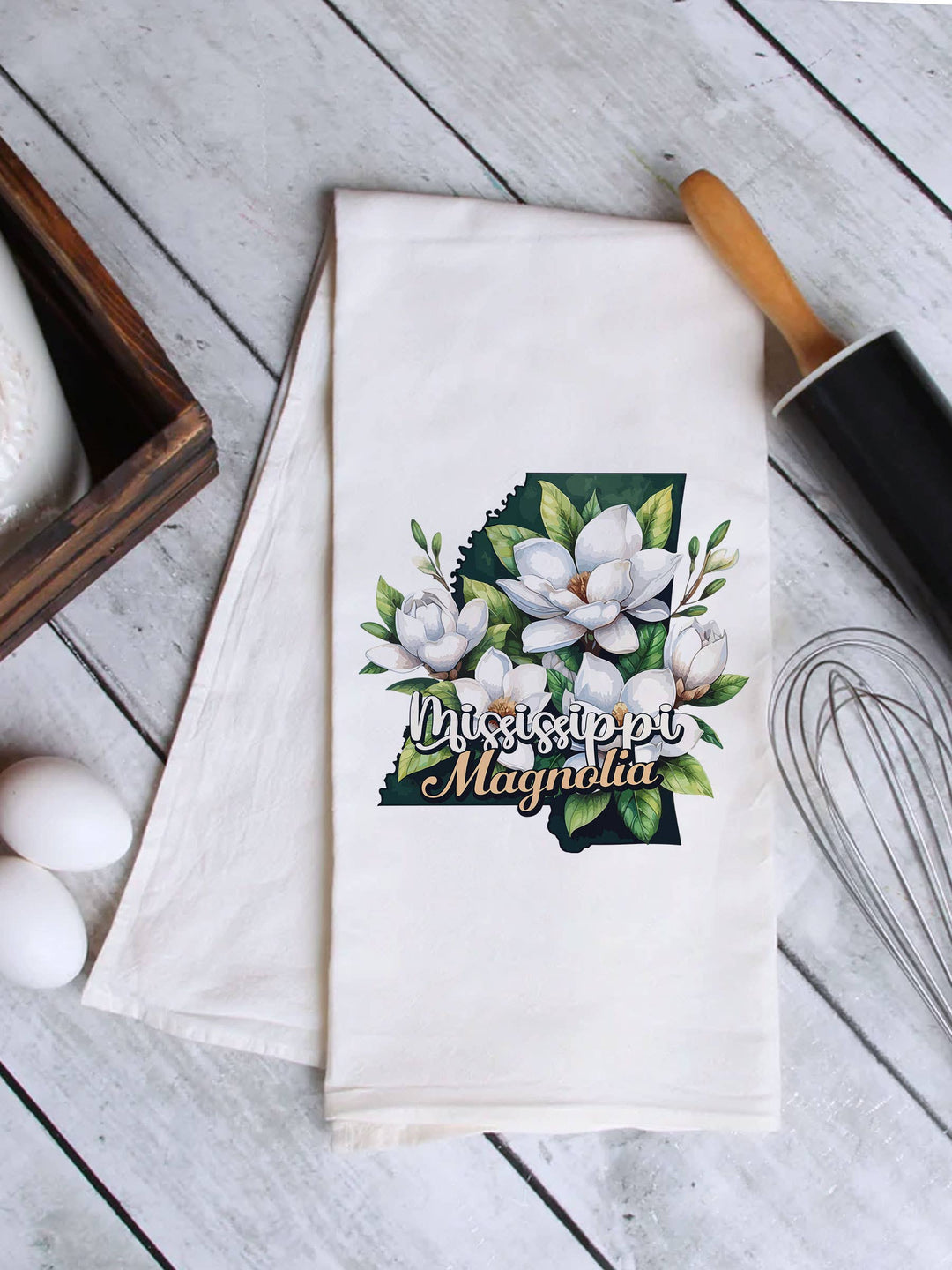 "Mississippi State Flower Magnolia" design on a white 28 x 28 inch flour sack tea towel