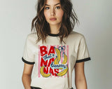 "That's Bananas Striped Retro" design on a natural ringer t-shirt with black contrast trim