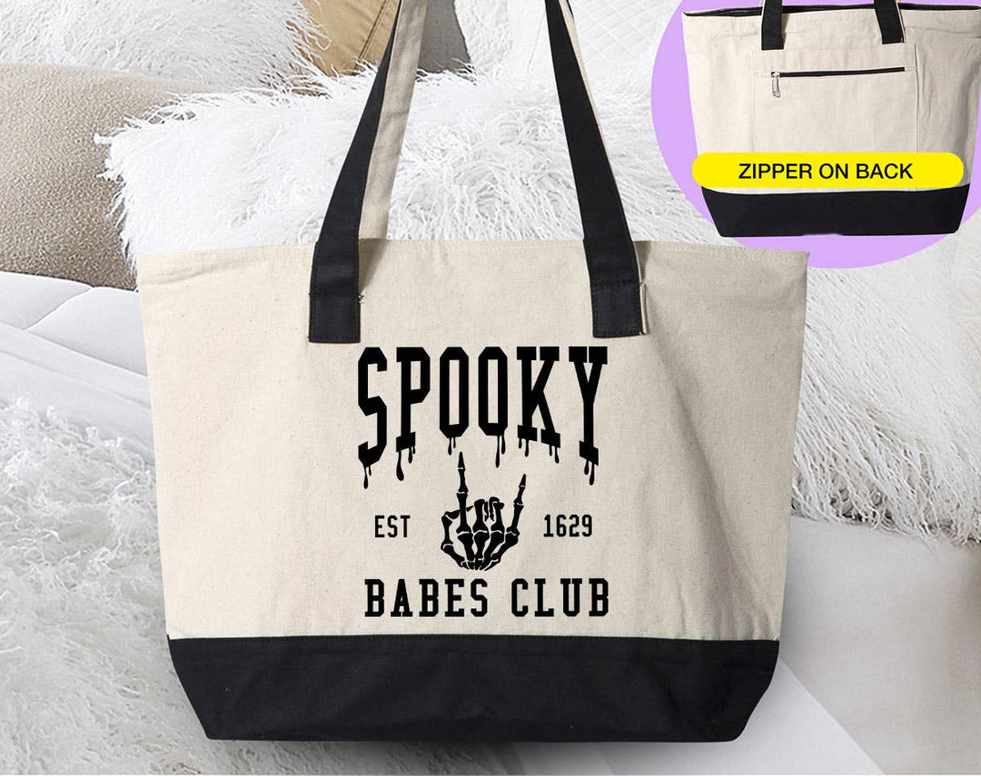 "Spooky Babes Club" design on a natural canvas zippered tote bag