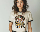 "Goosebusters Goose Ghost" design on a natural ringer t-shirt with black contrast trim