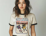 "The Only Ice I Like Heated Rivalry" design on a natural ringer t-shirt with black contrast trim