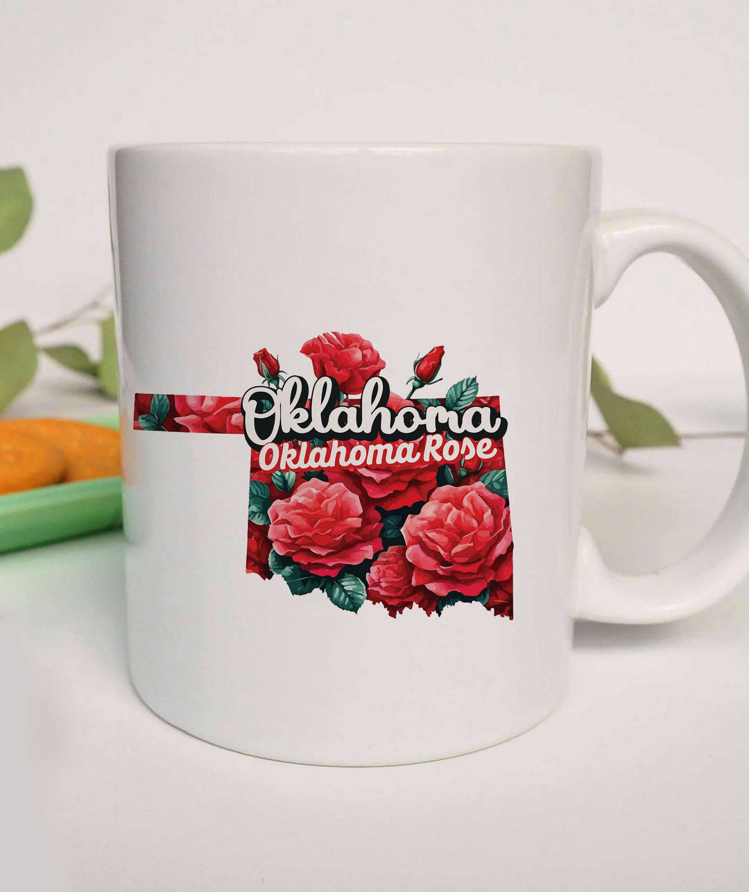 "Oklahoma State Flower Oklahoma Rose" design on a white ceramic coffee mug