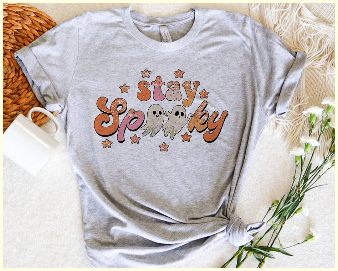 "Stay Spooky Ghost" design on a heather gray unisex t-shirt