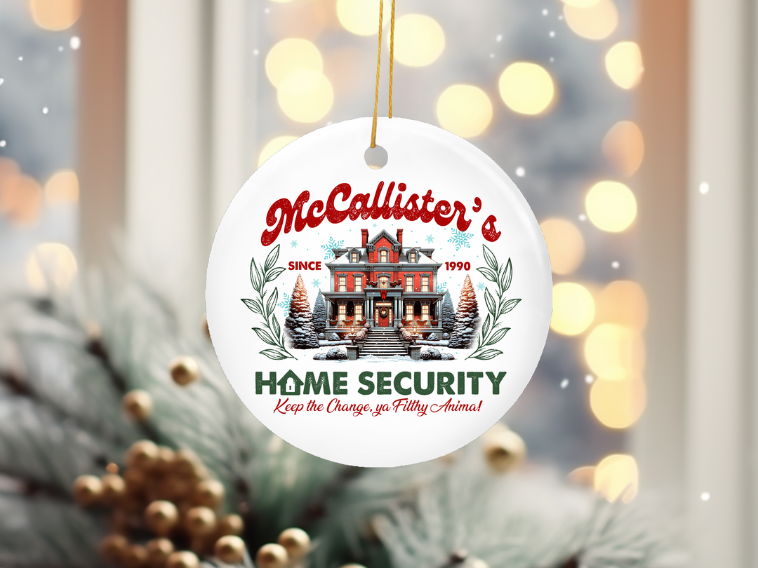 "Home Alone McCallister's Home Security" design on a 2.5 inch round ceramic Christmas ornament