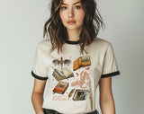 "Fourth Wing Collage" design on a natural ringer t-shirt with black contrast trim