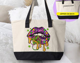 "Mardi Gras Lips Beads Stars" design on a natural canvas zippered tote bag