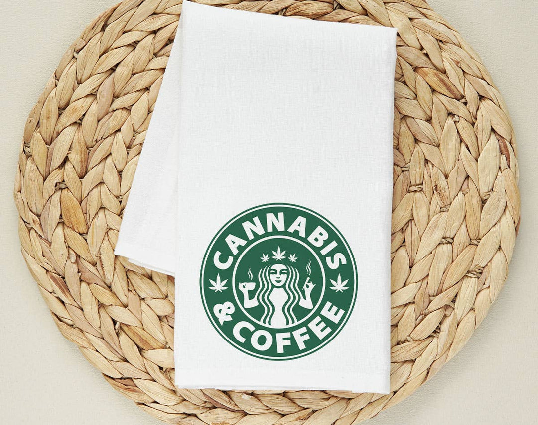 "Cannabis And Coffee" design on a white 28 x 28 inch flour sack tea towel