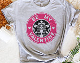 "Be My Valentine Pink Coffee Logo" design on a heather gray unisex t-shirt